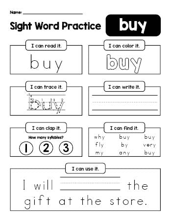 Free printable second grade sight word worksheet, beginner sight word for 2nd graders and high frequency word 'buy', practice sheet includes 6 sight word activities and 1 sight word sentence, seventh 100 fry sight words, Dolch, PDF