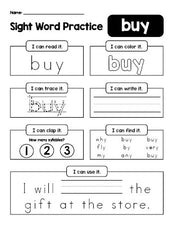 Free printable second grade sight word worksheet, beginner sight word for 2nd graders and high frequency word 'buy', practice sheet includes 6 sight word activities and 1 sight word sentence, seventh 100 fry sight words, Dolch, PDF