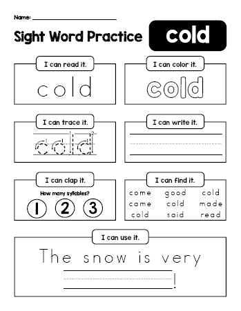 Free printable second grade sight word worksheet, beginner sight word for 2nd graders and high frequency word 'cold', practice sheet includes 6 sight word activities and 1 sight word sentence, fourth 100 fry sight words, Dolch, PDF