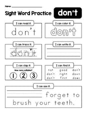 Free printable second grade sight word worksheet, beginner sight word for 2nd graders and high frequency word 'don’t', practice sheet includes 6 sight word activities and 1 sight word sentence, third 100 fry sight words, Dolch, PDF