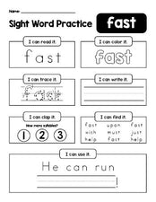 Free printable second grade sight word worksheet, beginner sight word for 2nd graders and high frequency word 'fast', practice sheet includes 6 sight word activities and 1 sight word sentence, fourth 100 fry sight words, Dolch, PDF