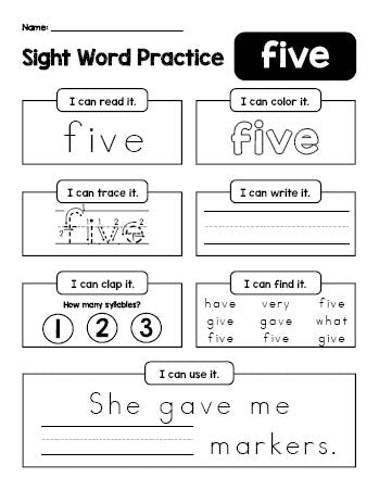 Free printable second grade sight word worksheet, beginner sight word for 2nd graders and high frequency word 'five', practice sheet includes 6 sight word activities and 1 sight word sentence, fourth 100 fry sight words, Dolch, PDF