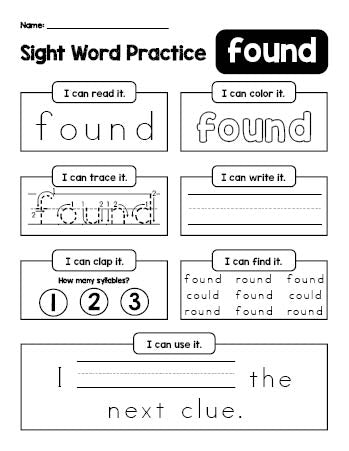 Free printable second grade sight word worksheet, beginner sight word for 2nd graders and high frequency word 'found', practice sheet includes 6 sight word activities and 1 sight word sentence, second 100 fry sight words, Dolch, PDF