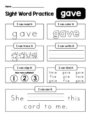 Free printable second grade sight word worksheet, beginner sight word for 2nd graders and high frequency word 'gave', practice sheet includes 6 sight word activities and 1 sight word sentence, fifth 100 fry sight words, Dolch, PDF