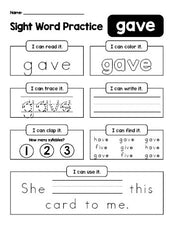 Free printable second grade sight word worksheet, beginner sight word for 2nd graders and high frequency word 'gave', practice sheet includes 6 sight word activities and 1 sight word sentence, fifth 100 fry sight words, Dolch, PDF