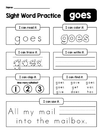 Free printable second grade sight word worksheet, beginner sight word for 2nd graders and high frequency word 'goes', practice sheet includes 6 sight word activities and 1 sight word sentence, Dolch, PDF