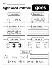 Free printable second grade sight word worksheet, beginner sight word for 2nd graders and high frequency word 'goes', practice sheet includes 6 sight word activities and 1 sight word sentence, Dolch, PDF