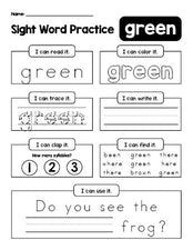 Free printable second grade sight word worksheet, beginner sight word for 2nd graders and high frequency word 'green', practice sheet includes 6 sight word activities and 1 sight word sentence, fifth 100 fry sight words, Dolch, PDF