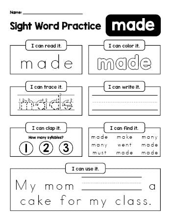 Free printable second grade sight word worksheet, beginner sight word for 2nd graders and high frequency word 'made', practice sheet includes 6 sight word activities and 1 sight word sentence, first 100 fry sight words, Dolch, PDF