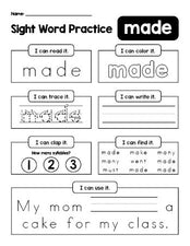 Free printable second grade sight word worksheet, beginner sight word for 2nd graders and high frequency word 'made', practice sheet includes 6 sight word activities and 1 sight word sentence, first 100 fry sight words, Dolch, PDF