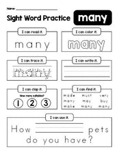 Free printable second grade sight word worksheet, beginner sight word for 2nd graders and high frequency word 'many', practice sheet includes 6 sight word activities and 1 sight word sentence, first 100 fry sight words, Dolch, PDF