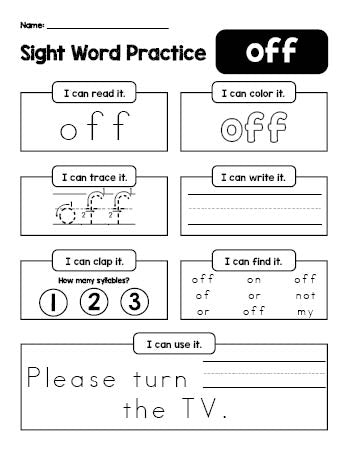 Free printable second grade sight word worksheet, beginner sight word for 2nd graders and high frequency word 'off', practice sheet includes 6 sight word activities and 1 sight word sentence, second 100 fry sight words, Dolch, PDF