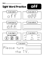 Free printable second grade sight word worksheet, beginner sight word for 2nd graders and high frequency word 'off', practice sheet includes 6 sight word activities and 1 sight word sentence, second 100 fry sight words, Dolch, PDF