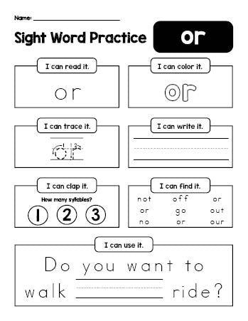 Free printable second grade sight word worksheet, beginner sight word for 2nd graders and high frequency word 'or', practice sheet includes 6 sight word activities and 1 sight word sentence, first 100 fry sight words, Dolch, PDF