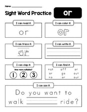 Free printable second grade sight word worksheet, beginner sight word for 2nd graders and high frequency word 'or', practice sheet includes 6 sight word activities and 1 sight word sentence, first 100 fry sight words, Dolch, PDF