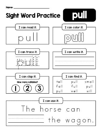 Free printable second grade sight word worksheet, beginner sight word for 2nd graders and high frequency word 'pull', practice sheet includes 6 sight word activities and 1 sight word sentence, Dolch, PDF