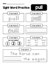 Free printable second grade sight word worksheet, beginner sight word for 2nd graders and high frequency word 'pull', practice sheet includes 6 sight word activities and 1 sight word sentence, Dolch, PDF