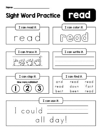 Free printable second grade sight word worksheet, beginner sight word for 2nd graders and high frequency word 'read', practice sheet includes 6 sight word activities and 1 sight word sentence, second 100 fry sight words, Dolch, PDF