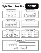 Free printable second grade sight word worksheet, beginner sight word for 2nd graders and high frequency word 'read', practice sheet includes 6 sight word activities and 1 sight word sentence, second 100 fry sight words, Dolch, PDF