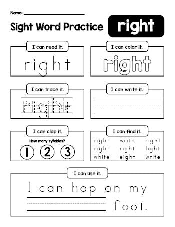 Free printable second grade sight word worksheet, beginner sight word for 2nd graders and high frequency word 'right', practice sheet includes 6 sight word activities and 1 sight word sentence, second 100 fry sight words, Dolch, PDF