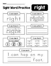 Free printable second grade sight word worksheet, beginner sight word for 2nd graders and high frequency word 'right', practice sheet includes 6 sight word activities and 1 sight word sentence, second 100 fry sight words, Dolch, PDF