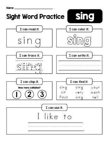 Free printable second grade sight word worksheet, beginner sight word for 2nd graders and high frequency word 'sing', practice sheet includes 6 sight word activities and 1 sight word sentence, fourth 100 fry sight words, Dolch, PDF