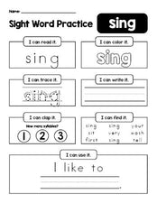 Free printable second grade sight word worksheet, beginner sight word for 2nd graders and high frequency word 'sing', practice sheet includes 6 sight word activities and 1 sight word sentence, fourth 100 fry sight words, Dolch, PDF