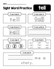 Free printable second grade sight word worksheet, beginner sight word for 2nd graders and high frequency word 'tell', practice sheet includes 6 sight word activities and 1 sight word sentence, second 100 fry sight words, Dolch, PDF