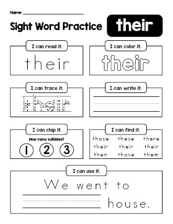 Free printable second grade sight word worksheet, beginner sight word for 2nd graders and high frequency word 'their', practice sheet includes 6 sight word activities and 1 sight word sentence, first 100 fry sight words, Dolch, PDF