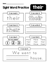 Free printable second grade sight word worksheet, beginner sight word for 2nd graders and high frequency word 'their', practice sheet includes 6 sight word activities and 1 sight word sentence, first 100 fry sight words, Dolch, PDF