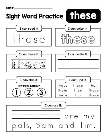 Free printable second grade sight word worksheet, beginner sight word for 2nd graders and high frequency word 'these', practice sheet includes 6 sight word activities and 1 sight word sentence, first 100 fry sight words, Dolch, PDF