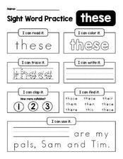 Free printable second grade sight word worksheet, beginner sight word for 2nd graders and high frequency word 'these', practice sheet includes 6 sight word activities and 1 sight word sentence, first 100 fry sight words, Dolch, PDF