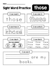 Free printable second grade sight word worksheet, beginner sight word for 2nd graders and high frequency word 'those', practice sheet includes 6 sight word activities and 1 sight word sentence, third 100 fry sight words, Dolch, PDF