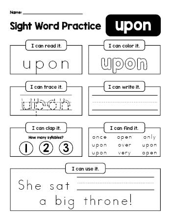 Free printable second grade sight word worksheet, beginner sight word for 2nd graders and high frequency word 'upon', practice sheet includes 6 sight word activities and 1 sight word sentence, fourth 100 fry sight words, Dolch, PDF