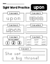 Free printable second grade sight word worksheet, beginner sight word for 2nd graders and high frequency word 'upon', practice sheet includes 6 sight word activities and 1 sight word sentence, fourth 100 fry sight words, Dolch, PDF