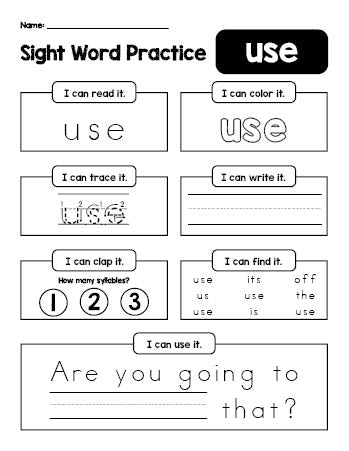 Free printable second grade sight word worksheet, beginner sight word for 2nd graders and high frequency word 'use', practice sheet includes 6 sight word activities and 1 sight word sentence, first 100 fry sight words, Dolch, PDF