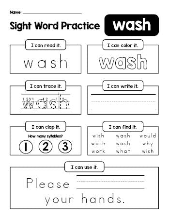 Free printable second grade sight word worksheet, beginner sight word for 2nd graders and high frequency word 'wash', practice sheet includes 6 sight word activities and 1 sight word sentence, ninth 100 fry sight words, Dolch, PDF