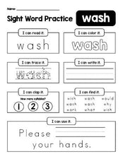 Free printable second grade sight word worksheet, beginner sight word for 2nd graders and high frequency word 'wash', practice sheet includes 6 sight word activities and 1 sight word sentence, ninth 100 fry sight words, Dolch, PDF