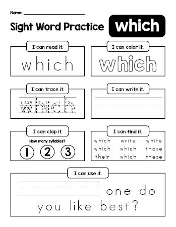 Free printable second grade sight word worksheet, beginner sight word for 2nd graders and high frequency word 'which', practice sheet includes 6 sight word activities and 1 sight word sentence, first 100 fry sight words, Dolch, PDF