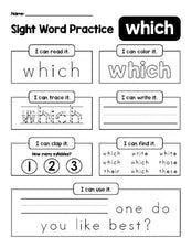 Free printable second grade sight word worksheet, beginner sight word for 2nd graders and high frequency word 'which', practice sheet includes 6 sight word activities and 1 sight word sentence, first 100 fry sight words, Dolch, PDF