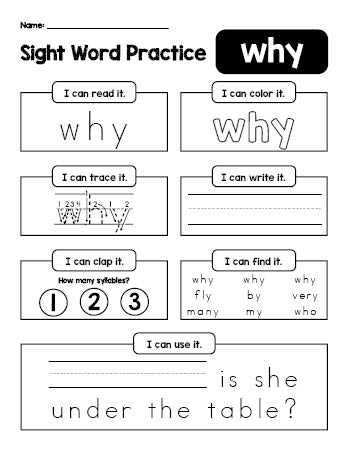 Free printable second grade sight word worksheet, beginner sight word for 2nd graders and high frequency word 'why', practice sheet includes 6 sight word activities and 1 sight word sentence, second 100 fry sight words, Dolch, PDF