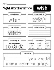 Free printable second grade sight word worksheet, beginner sight word for 2nd graders and high frequency word 'wish', practice sheet includes 6 sight word activities and 1 sight word sentence, sixth 100 fry sight words, Dolch, PDF