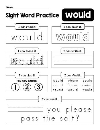 Free printable second grade sight word worksheet, beginner sight word for 2nd graders and high frequency word 'would', practice sheet includes 6 sight word activities and 1 sight word sentence, first 100 fry sight words, Dolch, PDF