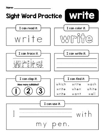 Free printable second grade sight word worksheet, beginner sight word for 2nd graders and high frequency word 'write', practice sheet includes 6 sight word activities and 1 sight word sentence, first 100 fry sight words, Dolch, PDF