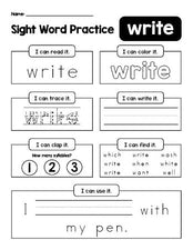 Free printable second grade sight word worksheet, beginner sight word for 2nd graders and high frequency word 'write', practice sheet includes 6 sight word activities and 1 sight word sentence, first 100 fry sight words, Dolch, PDF