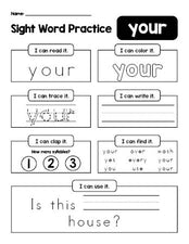 Free printable second grade sight word worksheet, beginner sight word for 2nd graders and high frequency word 'your', practice sheet includes 6 sight word activities and 1 sight word sentence, first 100 fry sight words, Dolch, PDF