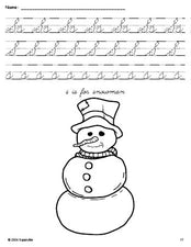 Free printable snowman winter coloring page, cursive letter tracing worksheet, letter s worksheet for preschool, pre-k, and kindergarten