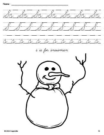 Free printable snowman winter coloring page, cursive letter tracing worksheet, letter s worksheet for preschool, pre-k, and kindergarten