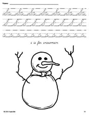 Free printable snowman winter coloring page, cursive letter tracing worksheet, letter s worksheet for preschool, pre-k, and kindergarten