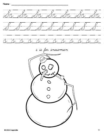 Free printable snowman winter coloring page, cursive letter tracing worksheet, letter s worksheet for preschool, pre-k, and kindergarten